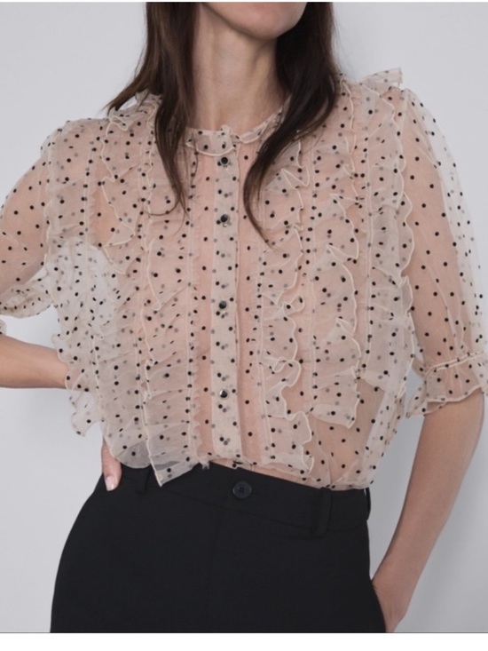Zara Tops - Zara Cream Sheer Polka Dot Blouse with Pink Floral Print